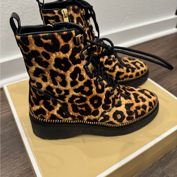 Michael Kors Black and Brown Leopard Combat Boots - Picture 3 of 6